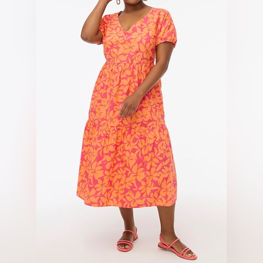 J. Crew Orange/Pink Floral Tiered Midi Dress Puff Sleeves V-Neck Pockets Size 4